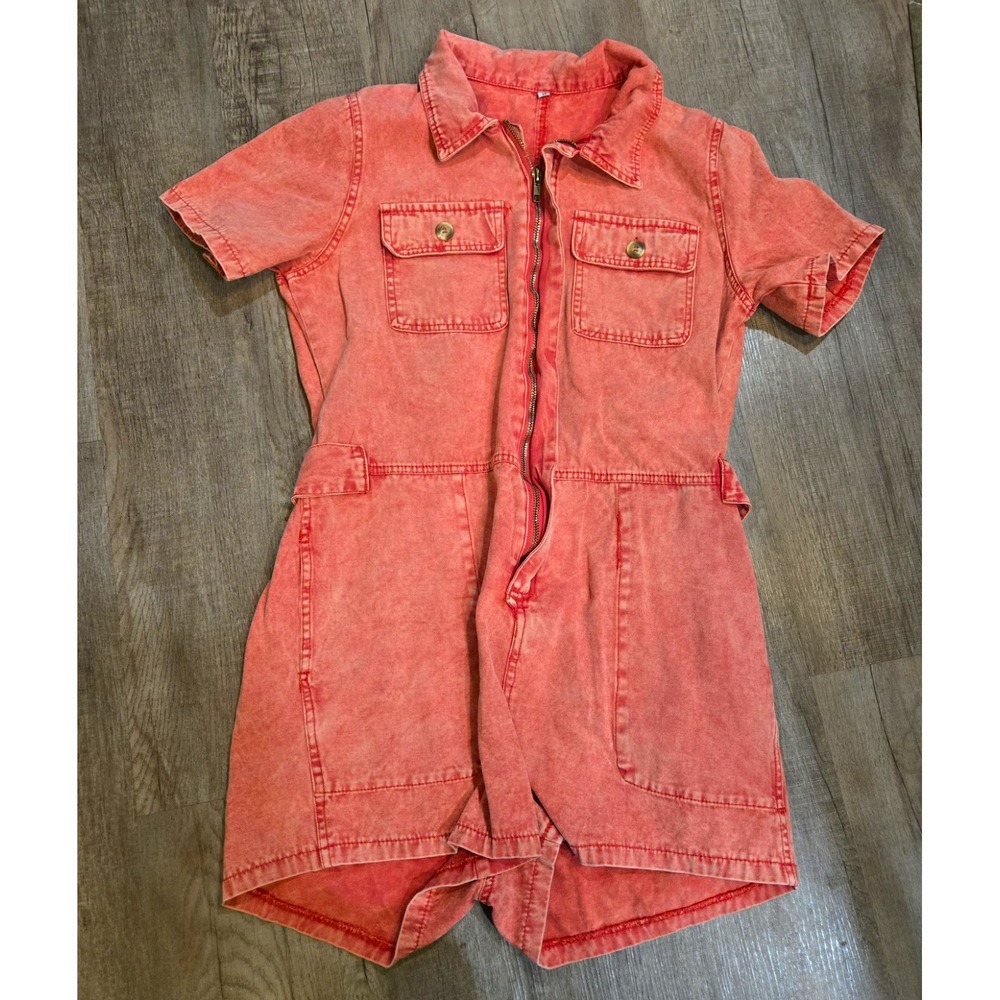 Womens Pink Denim Romper Zip Front Collared Short Sleeve Pockets Size M